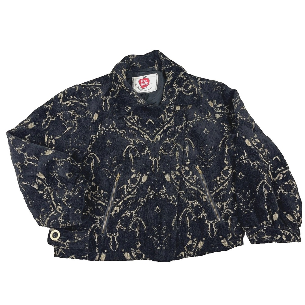 Free People Tapestry Jacket Size 4 Black‎ Gold Moto Bomber BOHO Labyrnith Chic